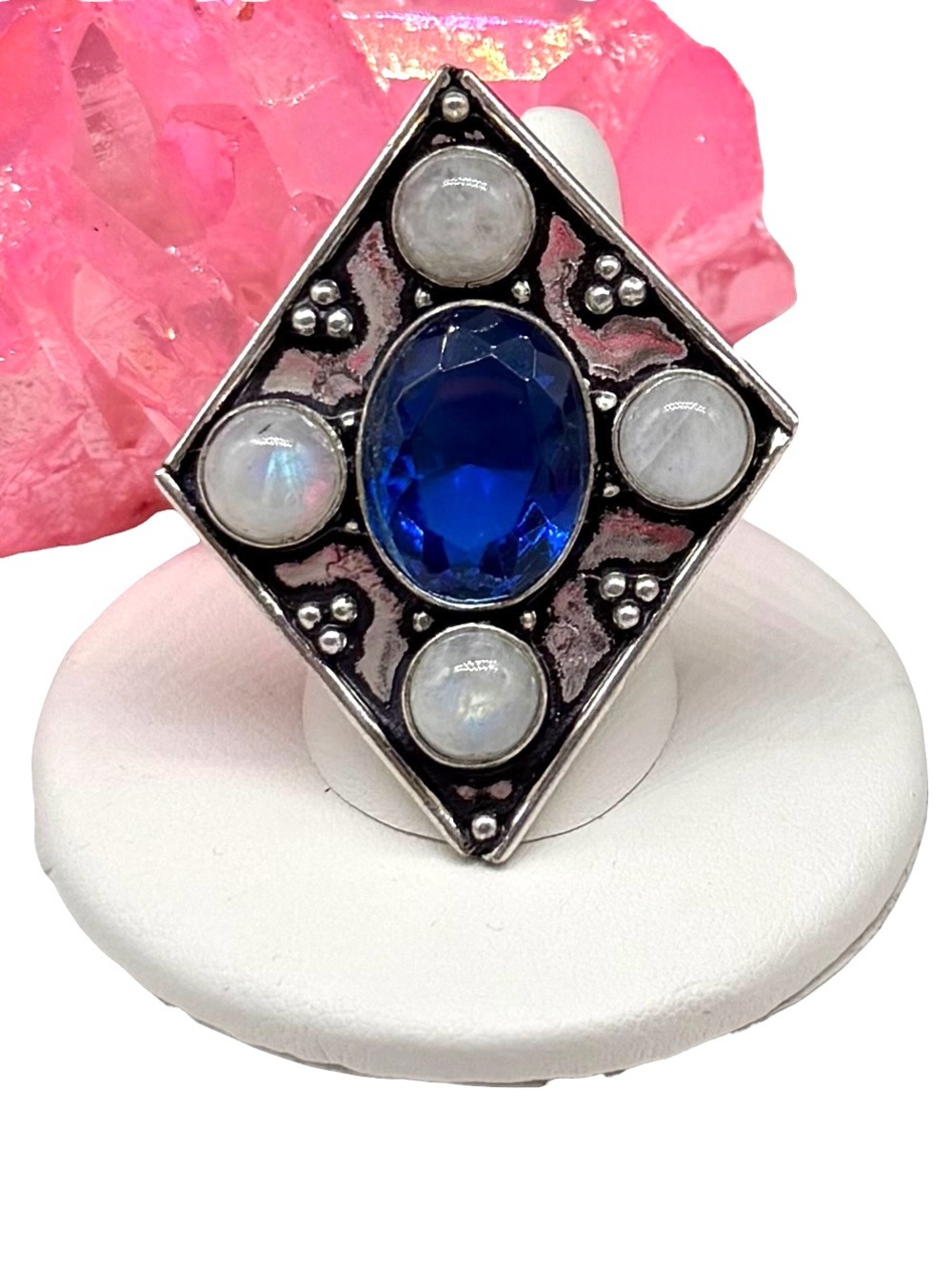 Blue Topaz Rainbow Moonstone Ring Size 9.5 925 Sterling Silver Overlay
